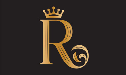 Premium R Monogram Logo with King Crown and Beauty Leaf Vector Design