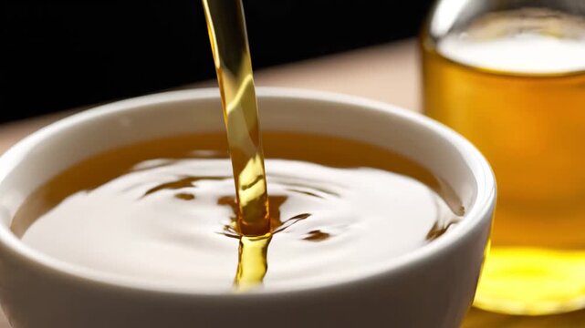 Golden liquid being poured into a white cup, close-up shot highlighting the