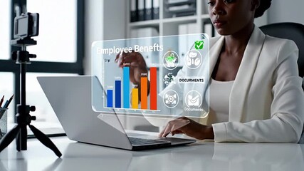Professional Black businesswoman interacts with a futuristic holographic "Employee Benefits" display and laptop in a modern office. Concepts: HR, data analytics, technology, digital transformation, fu - Powered by Adobe
