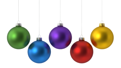 Festive Christmas Ornaments Hanging Cheerfully Bring Holiday Joy and Vibrant Colors to Your Decorations with Green, Blue, Purple, Red, and Gold Baubles