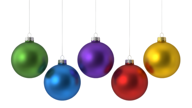 Festive Christmas Ornaments Hanging Cheerfully Bring Holiday Joy and Vibrant Colors to Your Decorations with Green, Blue, Purple, Red, and Gold Baubles - Powered by Adobe