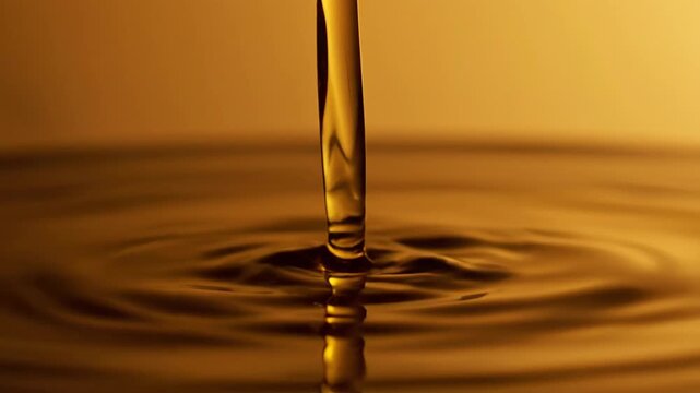 Close-up of golden liquid drop impacting surface creating ripples and splash