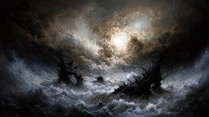 A dramatic painting of a stormy sea with dark, spiky structures emerging from the waves under a cloudy sky with a bright light source.