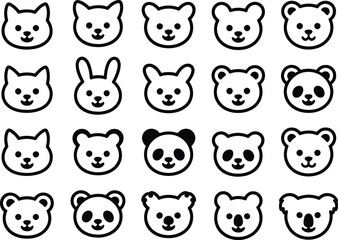 Grid of 20 cute black and white animal face icons cartoon