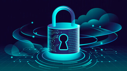 Digital Security Padlock with Binary Code and Cloud Elements