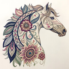 &ldquo;Floral mandala horse, layered textile petals, embroidery thread accents, premium zodiac apparel print&rdquo;
