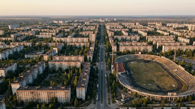 Aerial view of abandoned Pripyat city with empty stadium and buildings