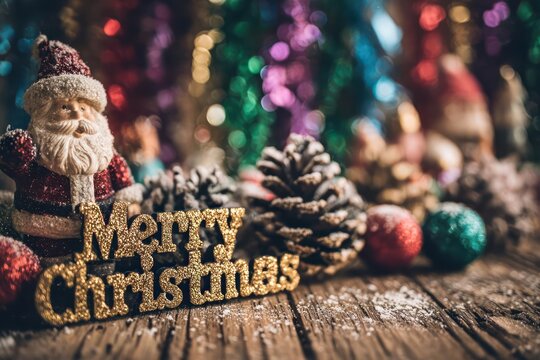 Festive merry christmas sign on a rustic wooden table with pine cones and blurred colorful holiday lights in the background