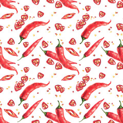 Watercolor chili pepper seamless pattern. Red whole vegetables and cut pods round sliced with seeds. Realistic hand painted illustrations. Hot spice design for food fabric on Isolated white background