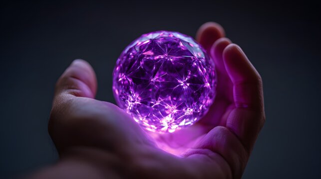 Hand holding a glowing purple energy orb in a dark setting. - Powered by Adobe