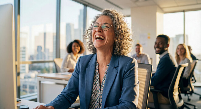 Senior Businesswoman Laughing During Office Meeting, surrounded by diverse colleagues during a positive work meeting.