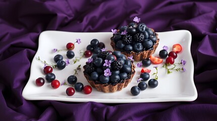 Two Blueberry Tarts with Violet Flowers and Scattered Red Currants and Blueberries on a Diagonal White Plate