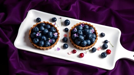 Two Small Blueberry Tarts Adorned with Violet Edible Flowers and Red Berries on a Corner of a White Plate on Purple Cloth