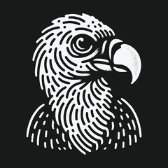 Fototapeta premium Stylized white line art parrot head illustration on black background.