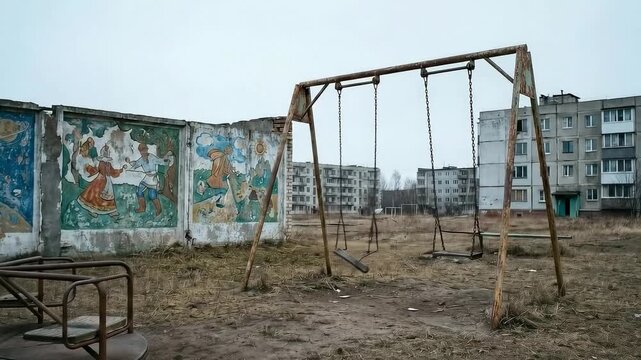 Rusty swings moving in wind at abandoned Soviet playground with mosaic