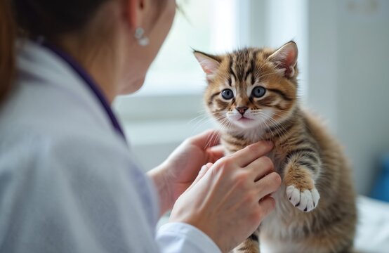 Veterinarian examines adorable kitten at animal clinic. A vet checks small cat health. Female doctor does medical examination. Cute pet at hospital in healthcare. Cat doctor patient relationship.