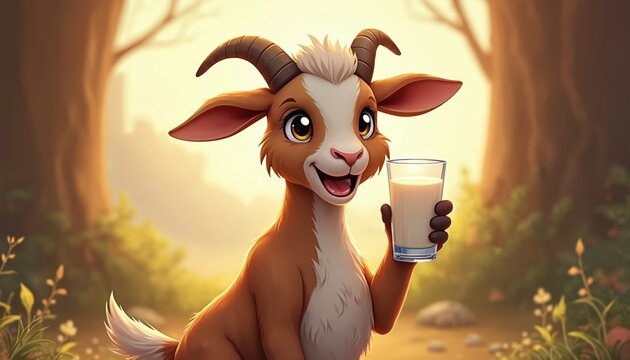 Cheerful goat holds glass of milk in forest setting. Cartoon animal illustration depicts happy nanny-goat enjoying dairy drink outdoors. Image conveys warmth and innocence with playful character.
