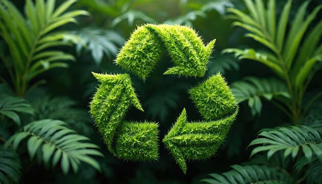 Green moss recycling symbol on leaf background. Ecological concept for environmental care, nature conservation. Sustainability for planet protection, reusing eco friendly resources, waste reduction.