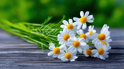 Close-up of a bouquet of white daisies with yellow centers resting on a weathered wooden surface, with a blurred green background.