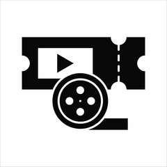 Capturing the essence of digital entertainment and cinematic experiences with a film reel, play button, and a classic movie ticket icon
