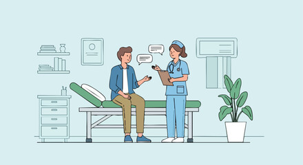 Nurse and Male Patient Engaged in a Consultation and Discussion in a Clinic Examination Room.