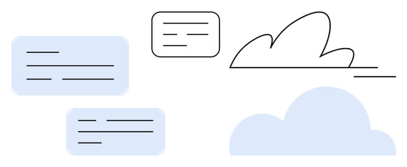 Speech bubbles and cloud motifs arranged in a clean layout. Ideal for messaging, ideas, connection, teamwork, creativity, communication, and cloud technology. Simple flat metaphor