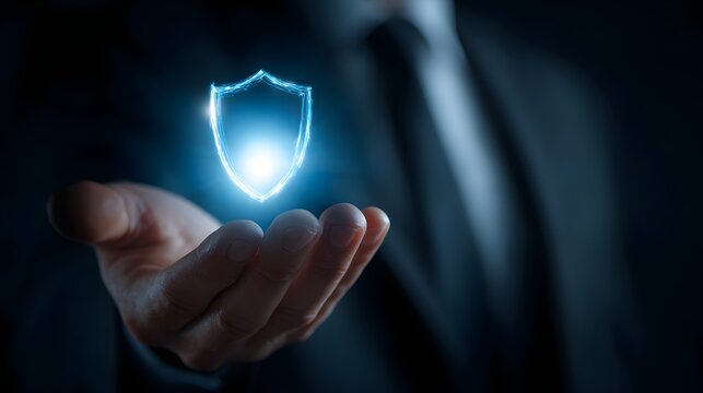Hand holding glowing blue shield representing digital security and data protection.