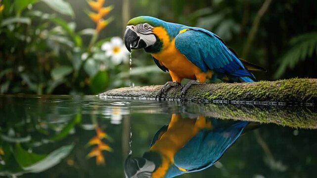 Vibrant blue and gold macaw drinking from a clear pond amidst lush foliage, reflecting in the water