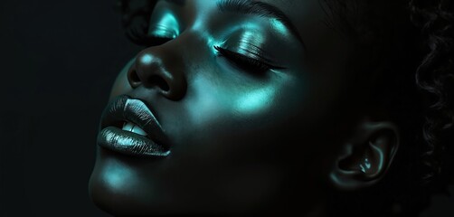 Close-up photo of a black woman face. Portrait with dark skin. Makeup includes gloss lipstick and eyeshadow. Beauty concept with fashion elements.