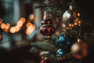 Fototapeta premium Close up of vintage christmas ornaments hanging on a decorated evergreen tree with soft bokeh lights in the background