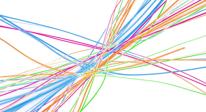 Dynamic neon light trails swirl across blackness creating vibrant abstract energy and motion