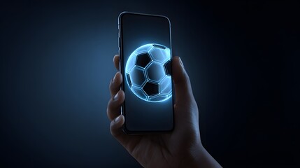 Hand holding smartphone with glowing blue soccer ball on screen in dark background.