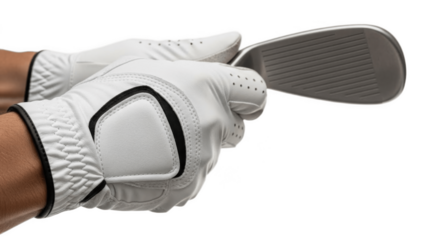 Close-up of golfer hands in premium white gloves gripping an iron club on white background, showing perfect neutral golf grip technique, control and precision for training, lessons and pro play

