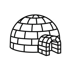 Minimalist black outline vector icon illustration of an igloo, a traditional ice block dwelling or snow house found in arctic regions, representing winter, cold, shelter, and polar climates.