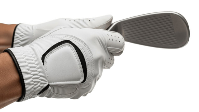 Close-up of golfer hands in premium white gloves gripping an iron club on white background, showing perfect neutral golf grip technique, control and precision for training, lessons and pro play

 - Powered by Adobe