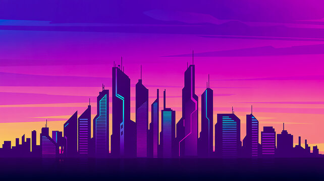 Futuristic City Skyline at Twilight with Purple Sky - Powered by Adobe