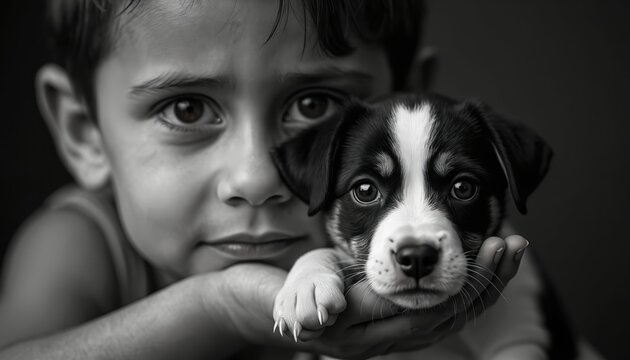 Sad little boy gently holds cute puppy in hand. Child protects small pet dog with compassion. Black, white portrait captures friendship between kid, animal, concept of care, adoption, animal rights