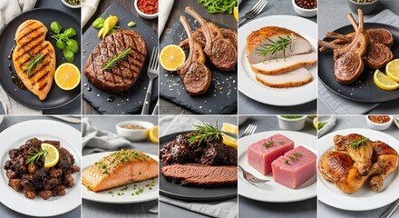 Collage of various delicious grilled meats and fish dishes served with fresh herbs and lemon.