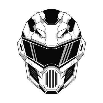 Futuristic sci-fi robot helmet vector illustration, advanced military combat gear or space trooper headwear with a sleek visor and protective design, embodying modern technology and digital defense