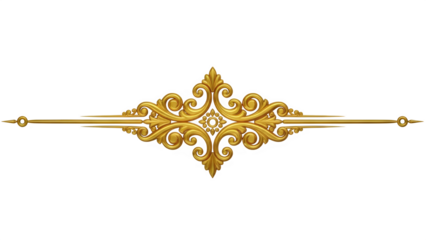 Elegant golden baroque ornamental divider element with intricate scrollwork and symmetrical design, isolated on transparent background for luxurious decoration or design accent