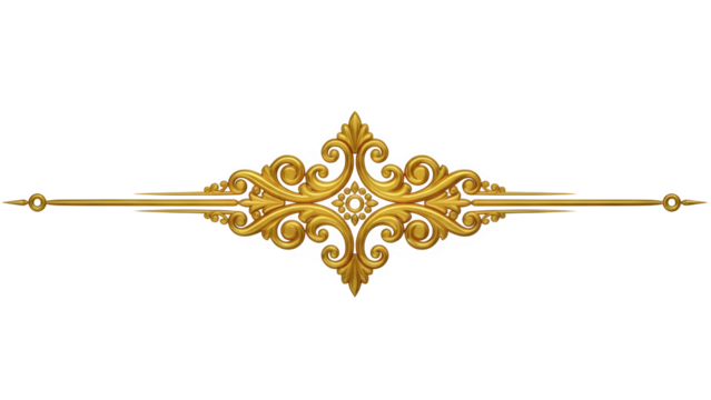 Elegant golden baroque ornamental divider element with intricate scrollwork and symmetrical design, isolated on transparent background for luxurious decoration or design accent