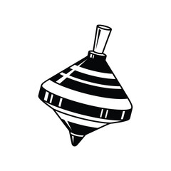 Classic spinning top toy icon vector illustration in black and white with a striped design, evoking childhood nostalgia and simple playtime, traditional game element isolated on a clean background.