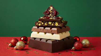 Creative Christmas Tree Made of Stacked Dark, Milk, and White Chocolate Bars with Glittery Baubles and Star Confetti on a Red Surface against a Green Background