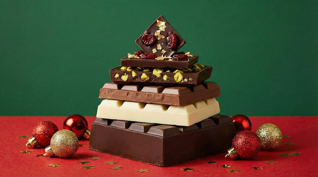 Creative Christmas Tree Made of Stacked Dark, Milk, and White Chocolate Bars with Glittery Baubles and Star Confetti on a Red Surface against a Green Background