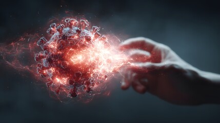Hand touching glowing coronavirus particle, symbolizing vaccine, treatment, or scientific breakthrough.