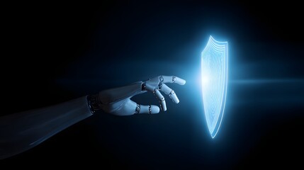 Hand touching glowing blue shield representing digital security and data protection.