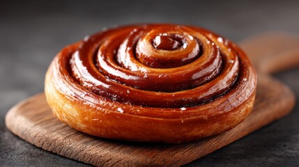 A mouthwatering cinnamon roll sits on a rustic wooden board, glistening with syrupy glaze. Its twisted layers invite sweet indulgence, perfect for breakfast or a snack