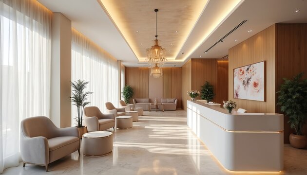 Elegant beauty clinic waiting area. Interior design with comfortable seating modern decor. Luxury and inviting ambiance. Nobody in room. Reception desk counter. Wellness and spa atmosphere.
