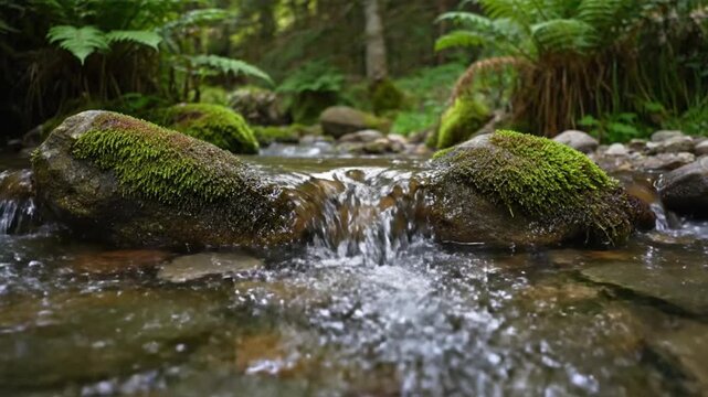 Capturing the serene beauty of a small, clear brook as it flows over ancient mossy rocks, a tranquil moment in a dense green wood