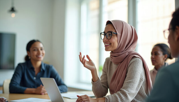 Muslim businesswoman in hijab leads meeting discussion in modern office. Diverse team collaborates on project, smiling, gesturing ideas. Women work together, share insights, plan success.